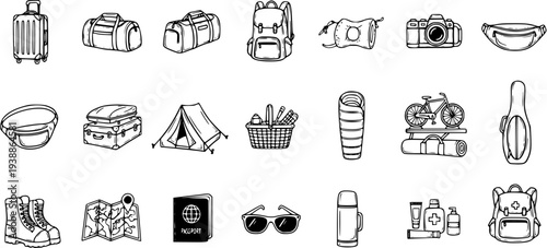 Hand-drawn Black and White Line Art Travel and Camping Icons Set - Adventure, Outdoor Gear, Luggage, and Exploration Doodle Collection