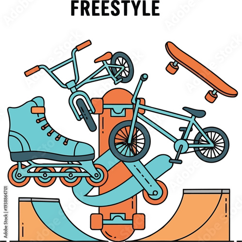 Freestyle Extreme Sports Illustration with Skateboard, BMX Bike, Rollerblade and Ramp in Flat Style