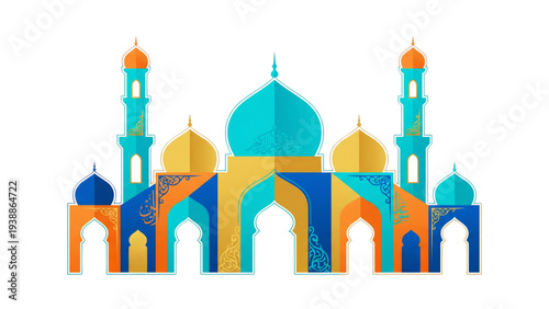 Colorful mosque illustration in Islamic architectural style  