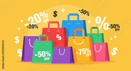 Colorful Shopping Bags with Discount Labels.