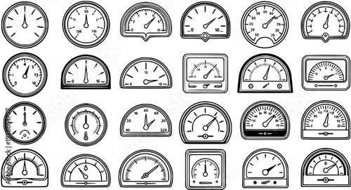 Black and White Line Art Vector Icon Set of Industrial Technology, Automotive, and Engineering Measurement Gauges and Meters