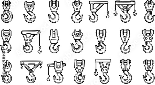 Black and White Line Art Collection of Industrial Lifting Hooks and Rigging Components