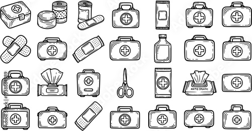 Medical First Aid Supplies Black and White Line Art Icons Set. Hand-Drawn Doodle Healthcare Emergency Items Vector Illustration Kit.