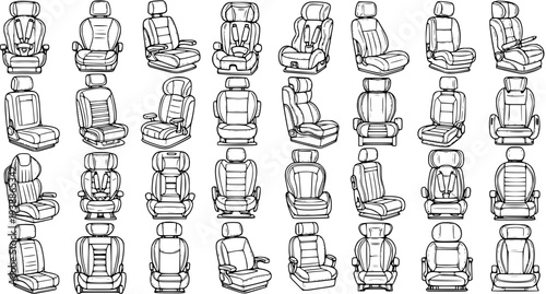 Black and White Line Art of Various Car Seats and Child Seats