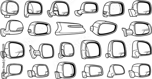 Automotive Car Side Mirrors Black and White Line Art Collection. Set of Various Vehicle Rearview Mirror Designs, Auto Parts, Repair, and Accessory Icons.