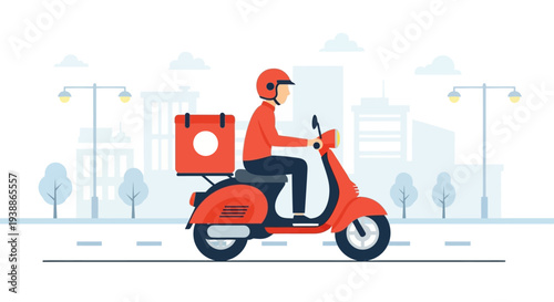 Delivery Man Riding Scooter with Package.