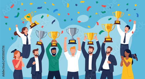 Diverse Group of People Celebrating with Trophies.