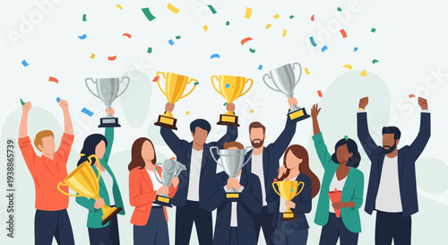 Diverse Group of People Holding Trophies.