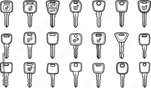 Automotive Car Keys Vector Set Black and White Line Art Icons Collection for Vehicle Security and Access