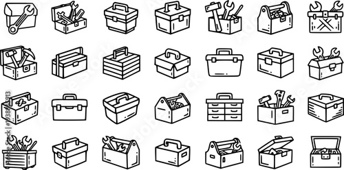 Toolbox and Tools Line Art Icons Set. Black and White Outline Sketch for Construction, Repair, Maintenance, and DIY Projects