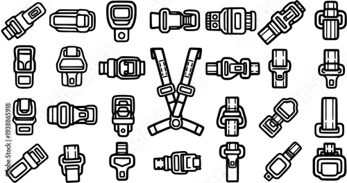 Black and White Line Art Icons of Various Buckles and Fasteners