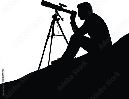 PrintSilhouette of person stargazing, telescope observation illustration, astronomy concept art