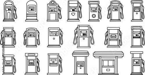 Gas Station Fuel Dispenser and Petrol Pump Outline Icons - Automotive Energy Service Vector Collection