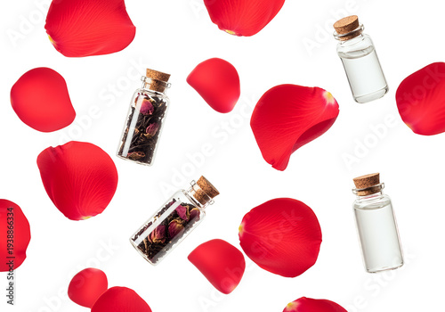 Wallpaper Mural Red Rose Petals and Perfume Bottles Isolated on White Background Torontodigital.ca