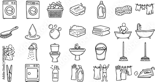 Hand-drawn line art icon set for household cleaning, laundry, and bathroom hygiene with doodle symbols of domestic chores and amenities.