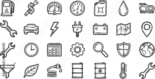 Black and White Line Art Icons Set: Automotive, Tools, Fuel, and Travel Icons