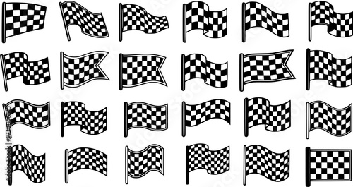 Set of checkered racing flags, black and white line art, automotive sport symbol