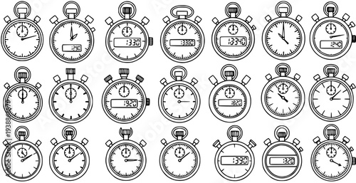 Black and White Line Art Stopwatches Vector Icons Set for Sports, Timing, and Precision Measurement