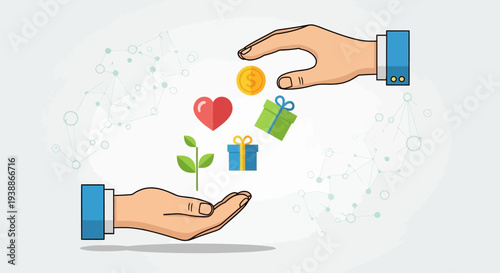 Hands Exchanging Symbols of Kindness and Growth.