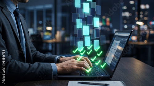 Task completion and approval process. Automated request submission workflow. Checkmark icons. Businessman using laptop computer to manage tasks.