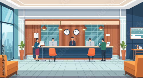 Hotel Reception Desk with Staff and Guests.