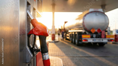 Oil price global crisis fuel pump at gas station sunrise light