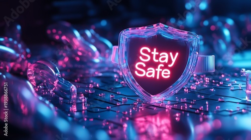 Digital shield with 'Stay Safe' message on a circuit board.