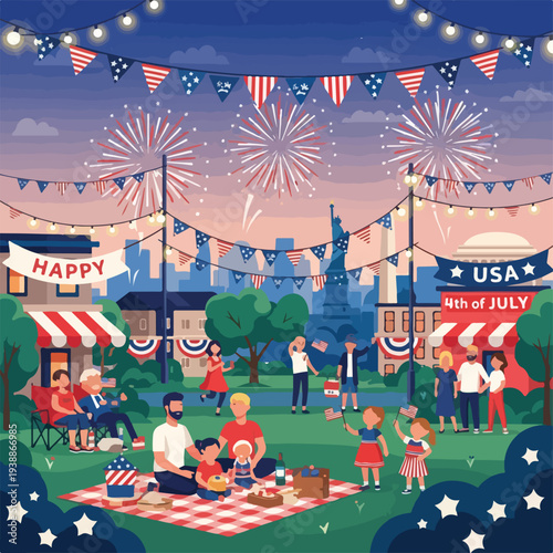 A vibrant illustration depicts a festive Fourth of July celebration
