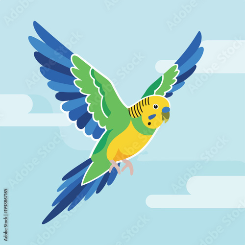 A vibrant illustration features a flying parrot against a serene sky