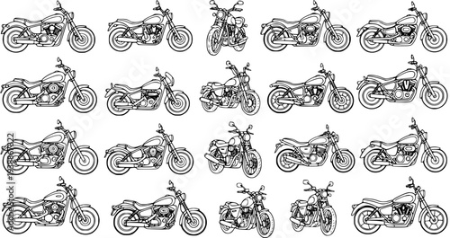 Automotive Transportation Vector Set: Classic Chopper Motorcycles, Motorbikes  Bikes in Black and White Outline Line Art Style