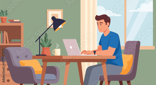 Man Working on Laptop at Desk.