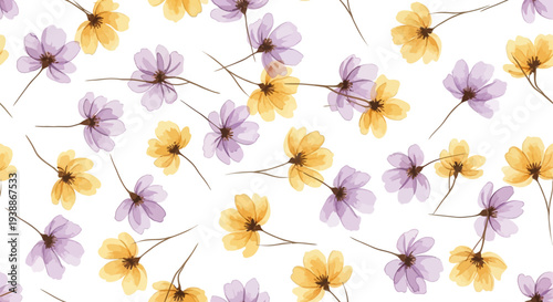Seamless watercolor flower pattern featuring charming purple and soft yellow blossoms scattered across a clean white background, ideal for textile and wallpaper designs