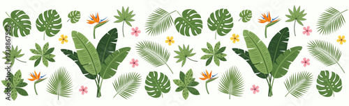 Vibrant Tropical Leaves and Flowers Pattern A Lush Botanical Summer