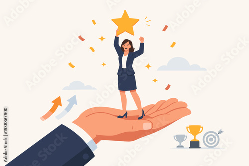 Businesswoman holding a gold star on a giant hand for employee recognition, success, and career growth. Concept of motivation, achievement, leadership support, and professional development.