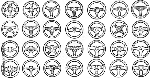 Automotive Steering Wheels Black and White Line Art Icon Set. Outline Vehicle Car Racing Wheel Designs. Graphic Collection for UI and Apps.