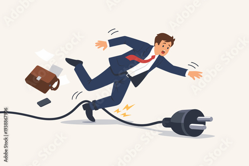 Clumsy Businessman Tripping Over a Large Electric Plug and Falling Down, Concept of Business Failure, Workplace Accident, Unexpected Problem, Mistake, Risk, and Obstacle in Career Path Vector Art