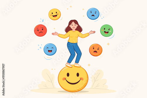 Woman balancing on a giant smiley face surrounded by diverse emotion emojis, symbolizing emotional intelligence, mental health stability, self-regulation, and psychological well-being concept.