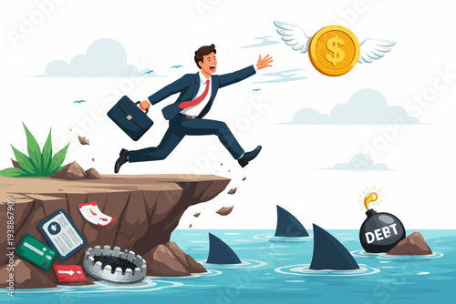 Businessman Jumping off Cliff to Catch Flying Gold Coin over Shark Infested Water and Debt Bomb, Concept of Financial Risk, Greed, Investment Loss, Economic Crisis and Business Failure Vector.