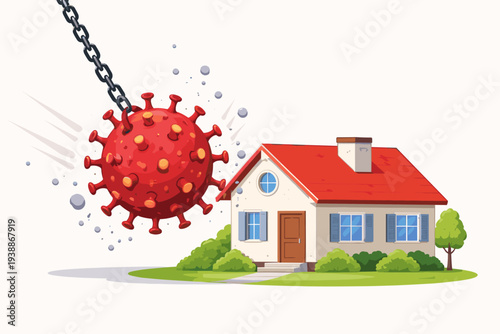 Housing Market Crisis Concept with Coronavirus Wrecking Ball Destroying a Residential House Representing Real Estate Impact, Economic Recession, and Financial Property Loss During COVID-19 Pandemic