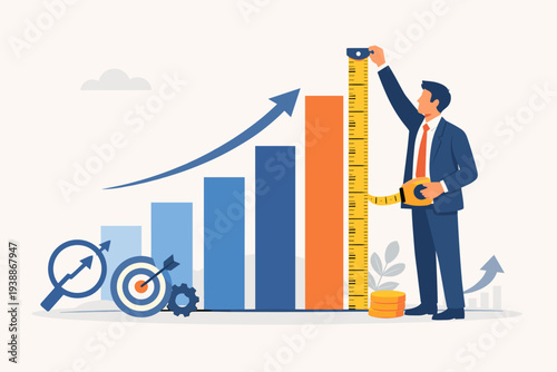 Businessman measuring business success and growth with a tape measure against a rising bar chart, representing KPI key performance indicators, financial progress, and benchmark achievement.