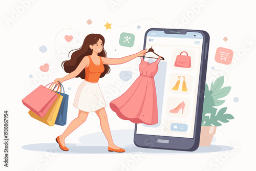 Happy Young Woman Shopping Online via Mobile Smartphone App, Selecting a Pink Dress from a Digital Marketplace while Carrying Shopping Bags, E-commerce and Modern Retail Concept Vector Illustration