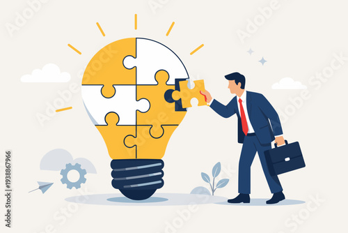 Businessman putting final jigsaw puzzle piece into lightbulb to complete idea, concept of problem solving, innovation, creative thinking, business strategy, and finding smart solutions for success