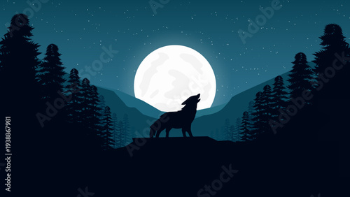 Wolf howling at the full moon in a dark pine forest night landscape illustration