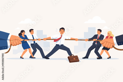 Talent War Concept with Business People Playing Tug of War for a Skilled Candidate. Human Resources Recruitment Competition and Headhunting Strategy in the Corporate Job Market Vector Illustration.