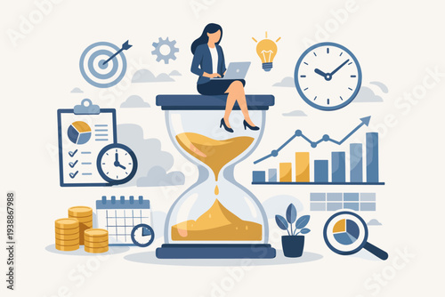 Business Time Management and Efficiency Concept with Woman Sitting on Hourglass Working on Laptop, Featuring Productivity Icons like Clock, Calendar, Financial Charts, and Planning Tools.