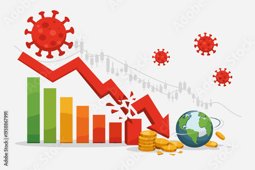 Global Stock Market Crash and Economic Crisis Illustration with Red Downward Arrow Breaking Through Bar Chart, COVID-19 Virus Icons, Globe, and Falling Gold Coins Representing Financial Loss.