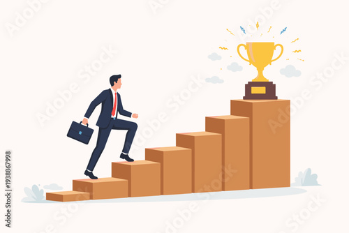 Successful businessman in suit with briefcase climbing wooden block staircase to reach golden trophy award, symbolizing career growth, business achievement, goal motivation, and leadership.