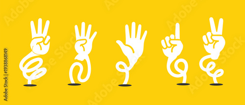 vector illustration of a set of   Playful. Five cartoon hands emerging from holes, each making different gestures against a bright yellow background .Playful illustration vector EPS 10.