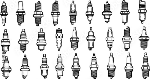 Automotive Spark Plugs Black and White Line Art Collection. Hand-drawn Outline Sketch of Car Engine Components for Mechanic and Repair Service.