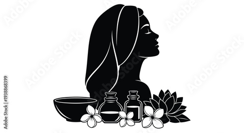 Silhouette of a woman s face with beauty products and floral elements